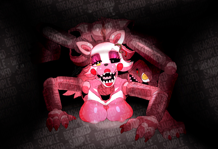 1girls animatronic big_breasts body_horror breasts breasts_on_floor canid canid_humanoid censored endoskeleton exposed_endoskeleton female female_focus female_only five_nights_at_freddy's five_nights_at_freddy's_2 furry hanging_breasts horror jaynatorburudragon mangle_(fnaf) nude nude_female pink_body pussy robot robot_girl solo solo_focus tail