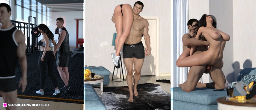 1girls 2boys 3d beazel3d black_hair carrying carrying_partner clothes clothing female female_focus flexible gym indoors large_breasts leg_lock long_hair male muscular muscular_male public slushe_(website) standing straight vaginal_penetration