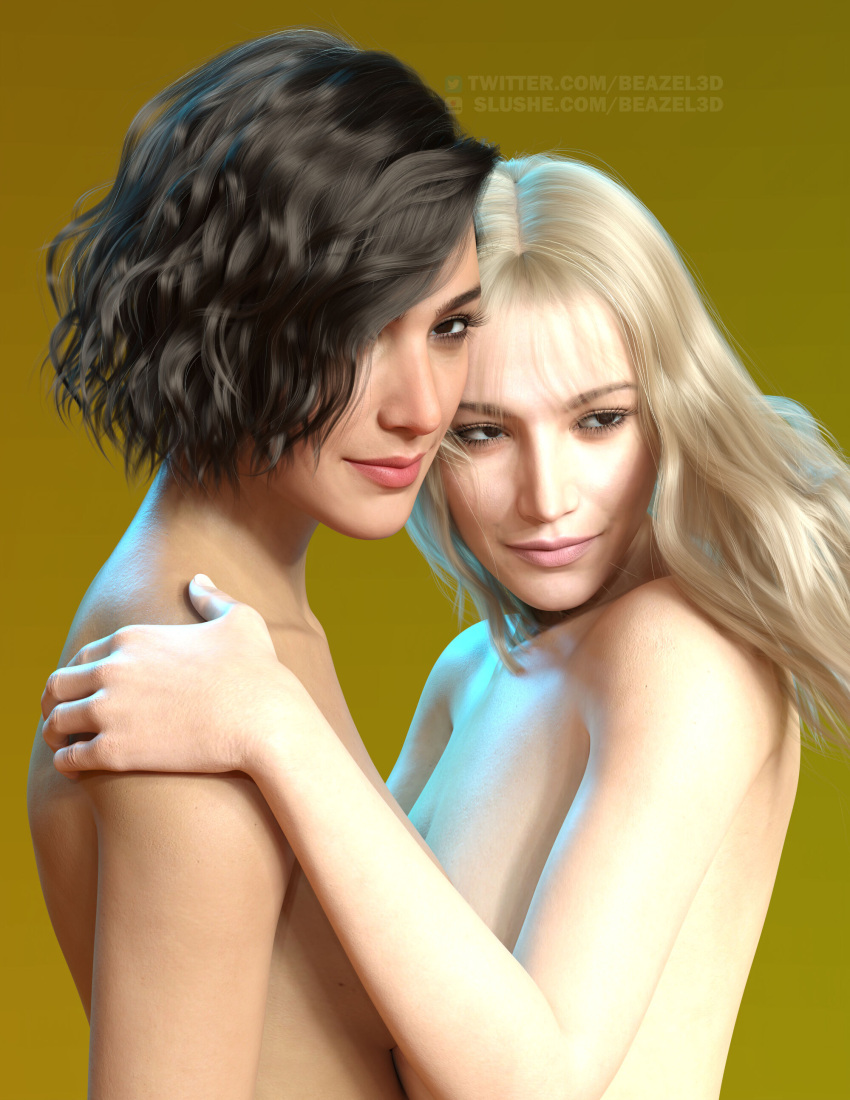 2girls 3d artist_website beazel3d black_hair blonde_hair female female_only hayley_(beazel3d) long_hair medium_breasts multiple_girls nude nude_female original original_character original_characters pale-skinned_female pale_skin short_hair slushe_(website) sofia_(beazel3d) standing watermark