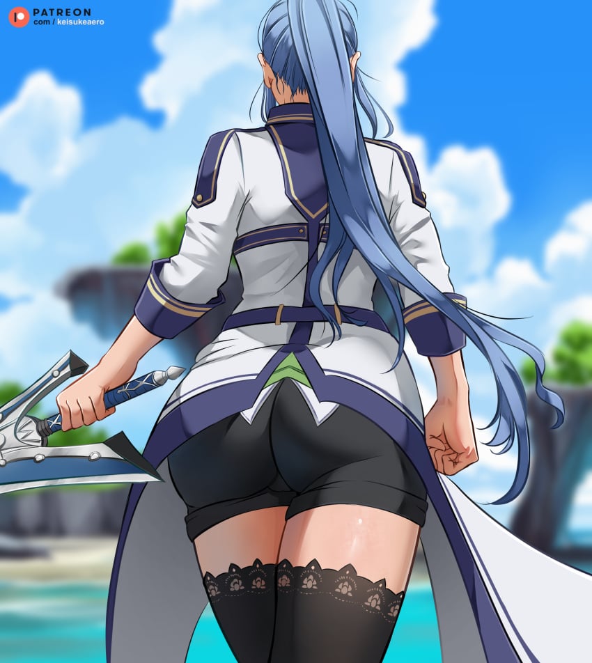 1girls ass ass_focus back_view background blue_hair butt_focus clothed clothes eiyuu_densetsu female female_only keisuke_aero laura_s._arseid legend_of_heroes ponytail sea sen_no_kiseki sky sword thighs tight_shorts trails_of_cold_steel uniform