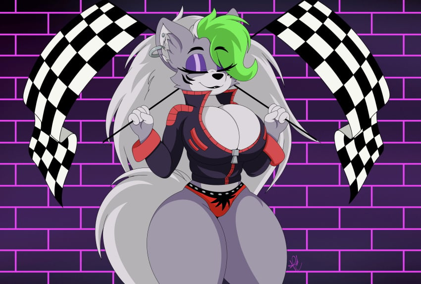 1girls 2d big_breasts canid canid_humanoid canine cleavage closed_eyes earrings female female_focus female_only five_nights_at_freddy's five_nights_at_freddy's:_security_breach fur furrification furry grey_fur hourglass_figure huge_breasts jacket large_breasts nr_ac panties roxanne_wolf_(fnaf) scottgames smirk solo thick thick_thighs thighs