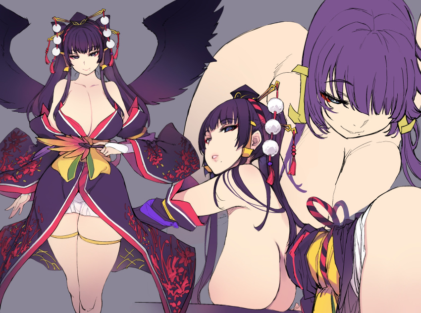 ass bangs bare_shoulders black_background blue_eyes breasts character_sheet cleavage dead_or_alive dead_or_alive_5 detached_sleeves eyeliner female hat highres japanese_clothes kimono large_breasts looking_at_viewer makeup mil_(xration) mole mole_under_mouth multiple_views nyotengu parted_lips purple_hair sash simple_background smile twintails wings