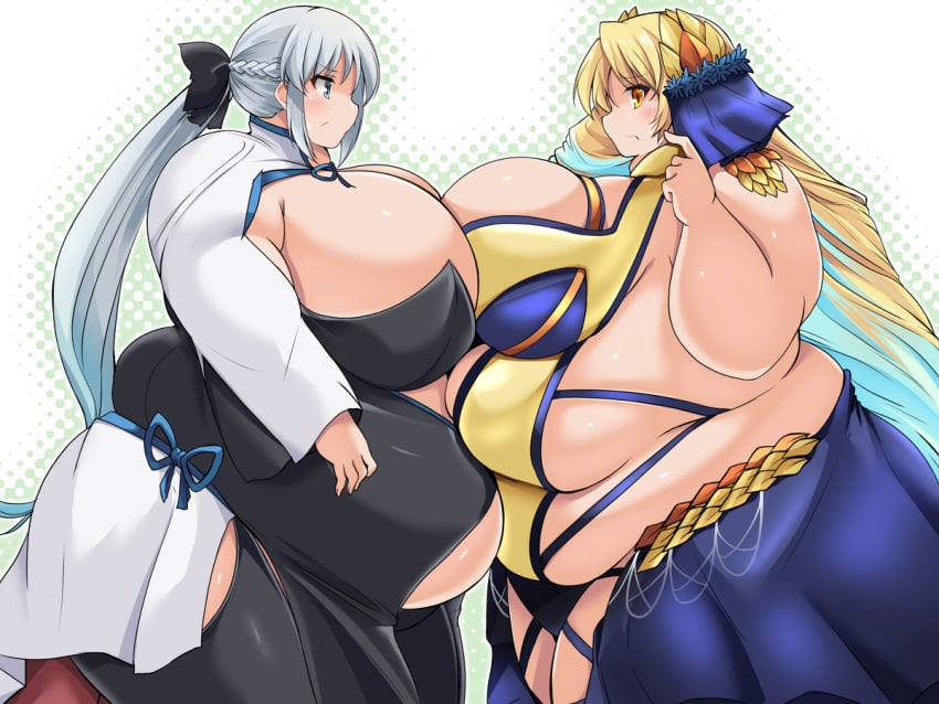 2021 2girls astraea_(fate) bbw belly belly_overhang big_belly big_breasts blonde_hair blue_eyes breasts chubby chubby_female duo duo_focus fate/grand_order fate_(series) female_focus female_only grey_hair huge_belly huge_breasts kurocaze large_belly large_breasts long_hair luviagelita_edelfelt morgan_le_fay_(fate) obese obese_female overweight overweight_female yellow_eyes