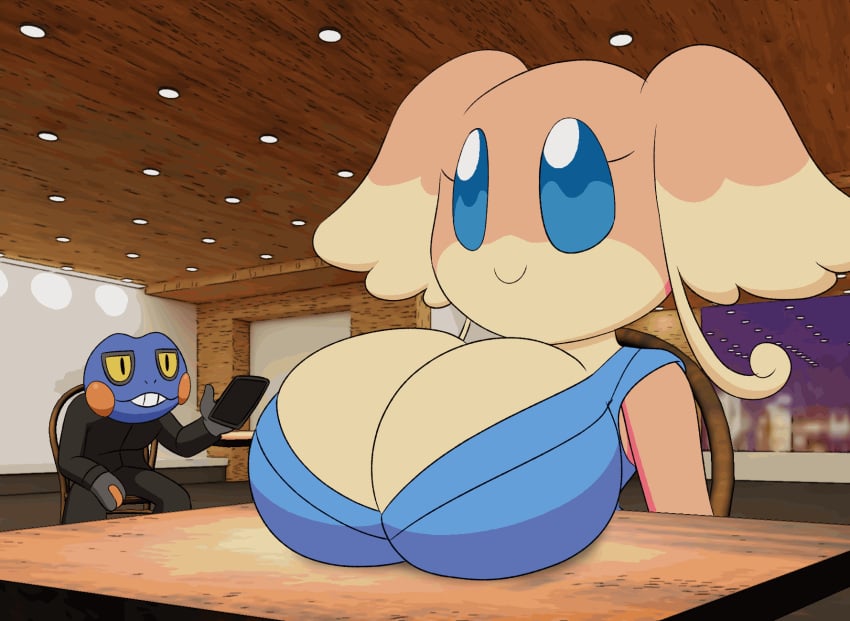 1boy 1girls animated anthro anthro_only anthrofied audino bare_shoulders between_breasts big_breasts blue_eyes bouncing_breasts breasts cleavage croagunk eyebrows eyelashes female huge_breasts humanoid large_breasts nintendo oblivious pokémon_(species) pokemon tansau top_heavy vibrating voluptuous