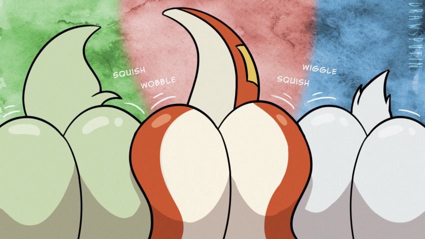 2022 ambiguous_gender anthro ass ass_focus avian big_ass big_butt bouncing_butt butt_squish drawsputin feathers felid fuecoco fur furry green_body green_fur group hi_res huge_butt mammal motion_lines nintendo pokémon_(species) pokemon pokemon_sv quaxly rear_view red_body red_scales scales scalie sprigatito squish tail trio video_games white_body white_feathers