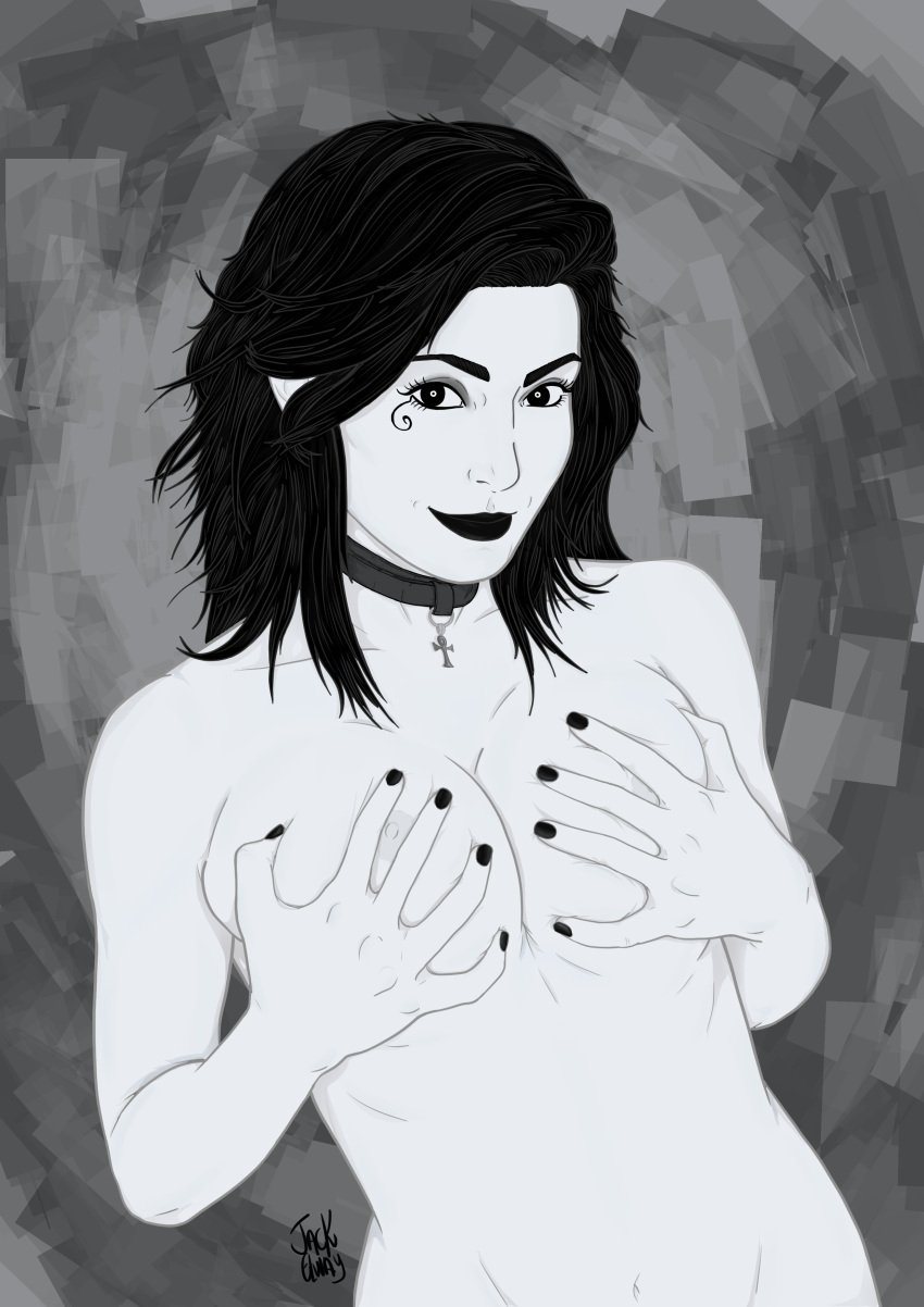 black_hair choker covering_breasts dc death_of_the_endless eyelashes female jackelwayart long_hair monochrome nail_polish pale-skinned_female pale_skin solo the_sandman