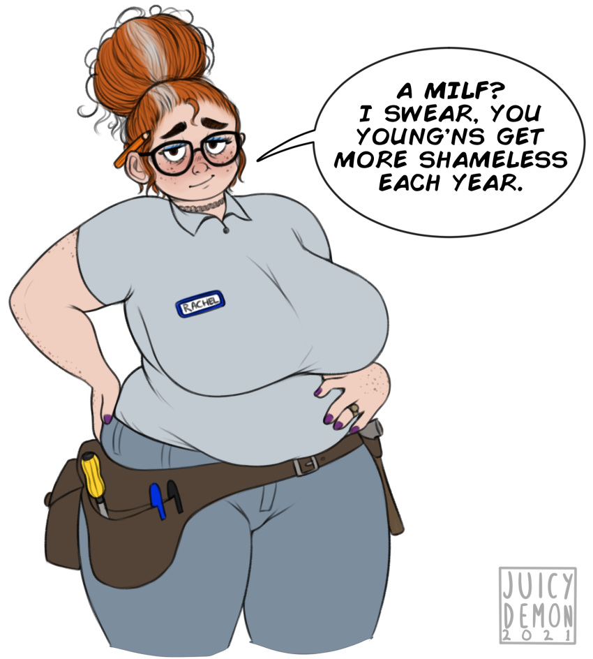 1girls bbw big_breasts chubby freckles ginger glasses juicydemon mechanic milf orange_hair overweight overweight_female rachel_(juicydemon) talking_to_viewer