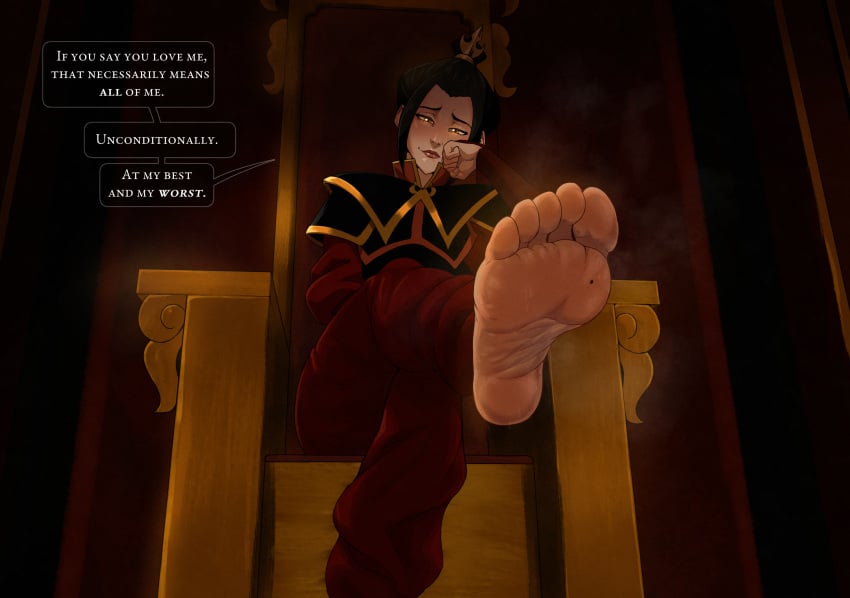 1girls avatar_the_last_airbender azula barefoot black_hair clothed clothing dialogue feet female female_domination femdom foot_fetish foot_focus foot_worship hair_bun kokobiel lips looking_at_viewer male_pov mole_on_feet musk pov sitting sitting_on_throne smell smelly_feet smile smug soles speech_bubble steam steamy steamy_feet stinky_feet sweaty_feet throne toes wrinkled_feet wrinkled_soles