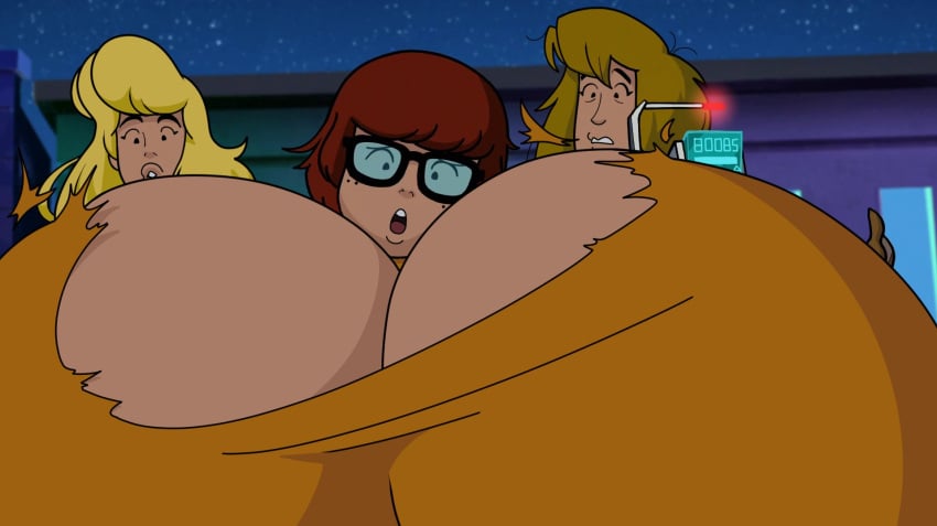 breast_expansion breasts_bigger_than_head cleavage cleavage_overflow dog_ear fred_jones gigantic_breasts hanna-barbera hyper_breasts massive_breasts ripped_clothing rule_63 scooby-doo screenshot_edit shaggy_rogers short_hair square_glasses sweater velma_dinkley woot