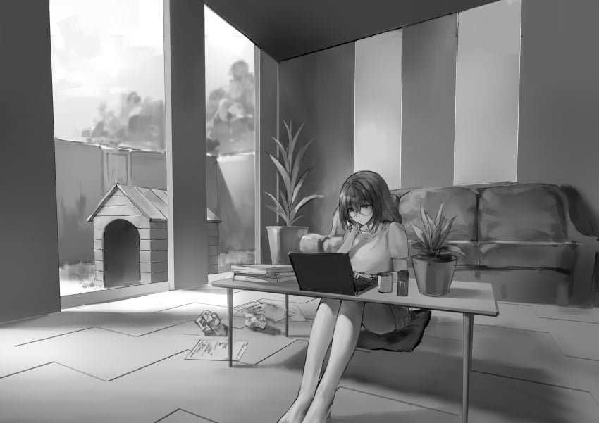 bangs big_ass big_breasts black_and_white bored braid braided_hair casual casual_clothes computer dog_house electronics female glasses greyscale hi_res highres huge_breasts human_female imminent_bestiality imminent_sex kennel laptop long_hair monochrome no_panties no_pants original plump plump_ass polki sitting thick_thighs twin_braids wide_hips