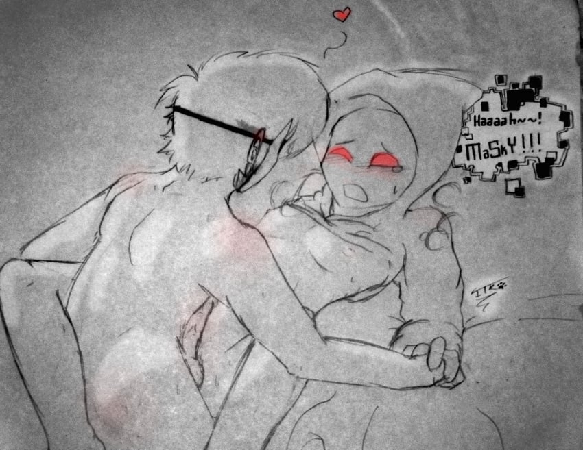 <3 2boys anal anal_sex artist_signature blush blushing brian_thomas clothes_lift creepypasta dialogue holding_hands hoodie_(creepypasta) icetigerkitten imminent_anal imminent_sex lying lying_down lying_on_back lying_on_bed male male_only marble_hornets mask masked masky monochrome nude red_eyes sex speech_bubble spread_legs tears text text_bubble tim_wright uncensored yaoi