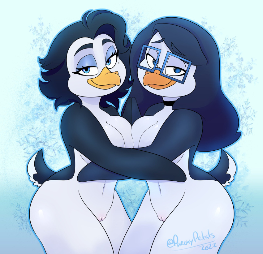 anthro avian bird breast_squish breasts duo eyewear female genitals glasses hi_res lizielewddle nude paeonypetals penguin pussy squish