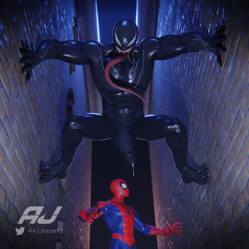 2boys aj_racer95 alley balls cock cum gay male male/male male_only marvel mask masked masked_male muscular precum precum_drip precum_string smooth_skin spider-man spider-man_(series) surprised tongue tongue_out venom venom_(marvel) yaoi