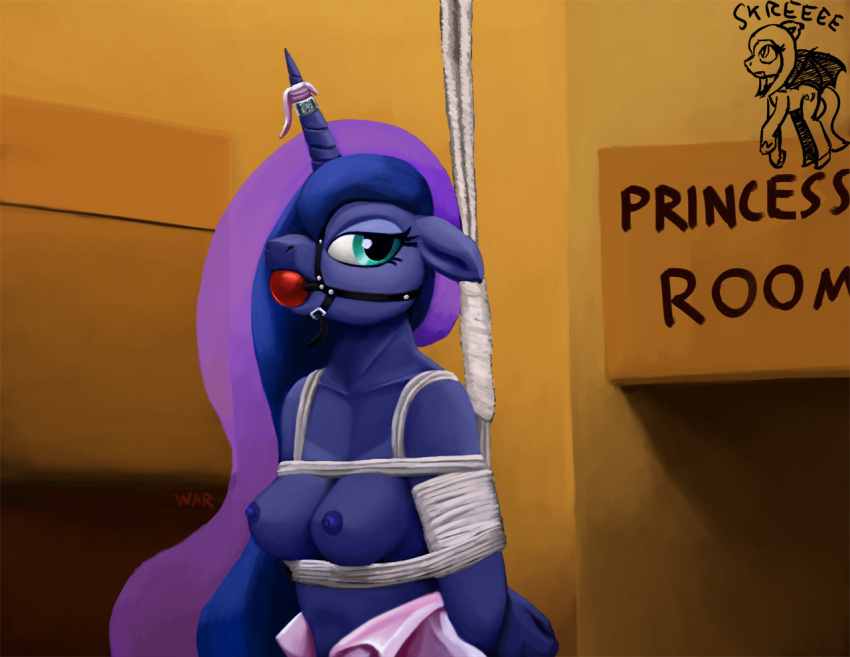 3d alicorn anthro arms_tied ball_gag bondage bound breasts ears_down equid equine female friendship_is_magic gag half-length_portrait hands_behind_back horn horn_jewelry horn_ring looking_aside magic_inhibitor mammal my_little_pony pivoted_ears portrait princess_luna_(mlp) ring_(jewelry) solo warskunk_(artist) wings