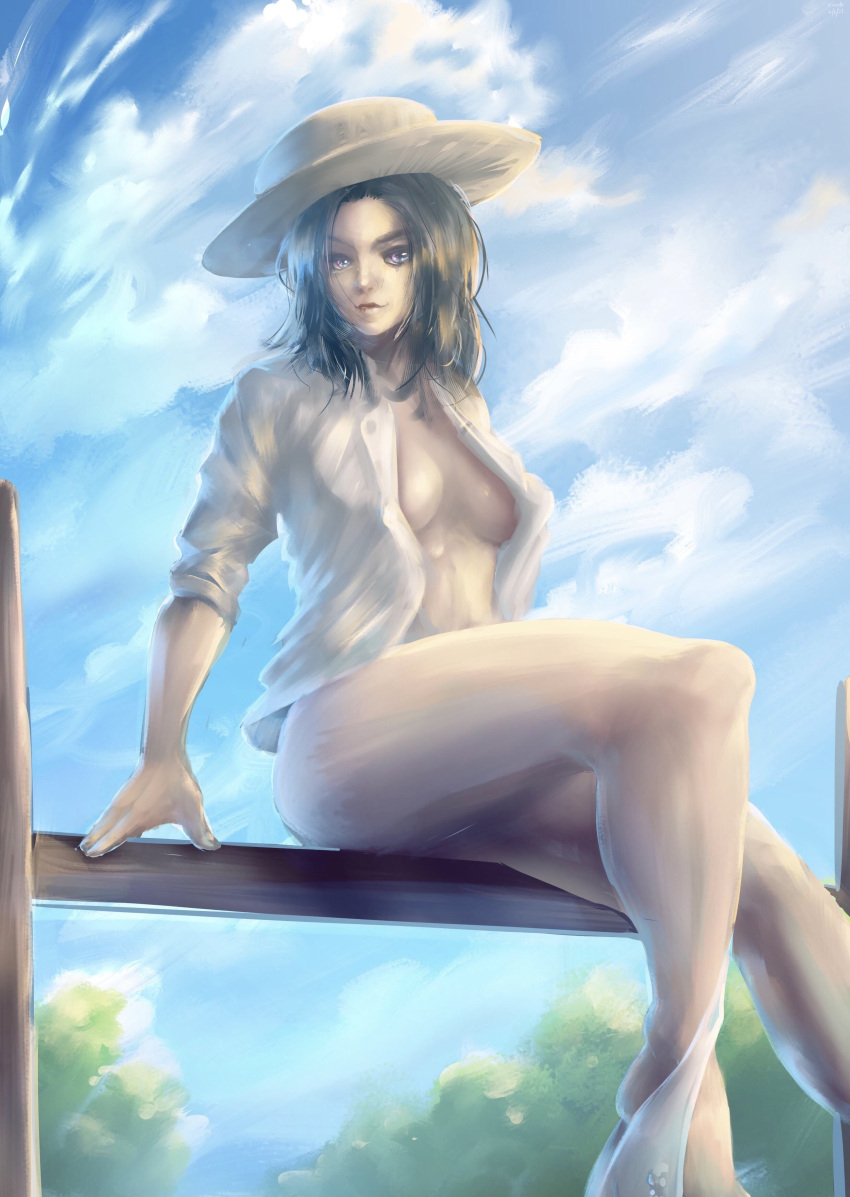 artist_request attack_on_titan bare_legs black_hair blue_eyes bottomless feet_out_of_frame frieda_reiss hat no_pants panties panties_down shirt sunhat thick_thighs unbuttoned_shirt