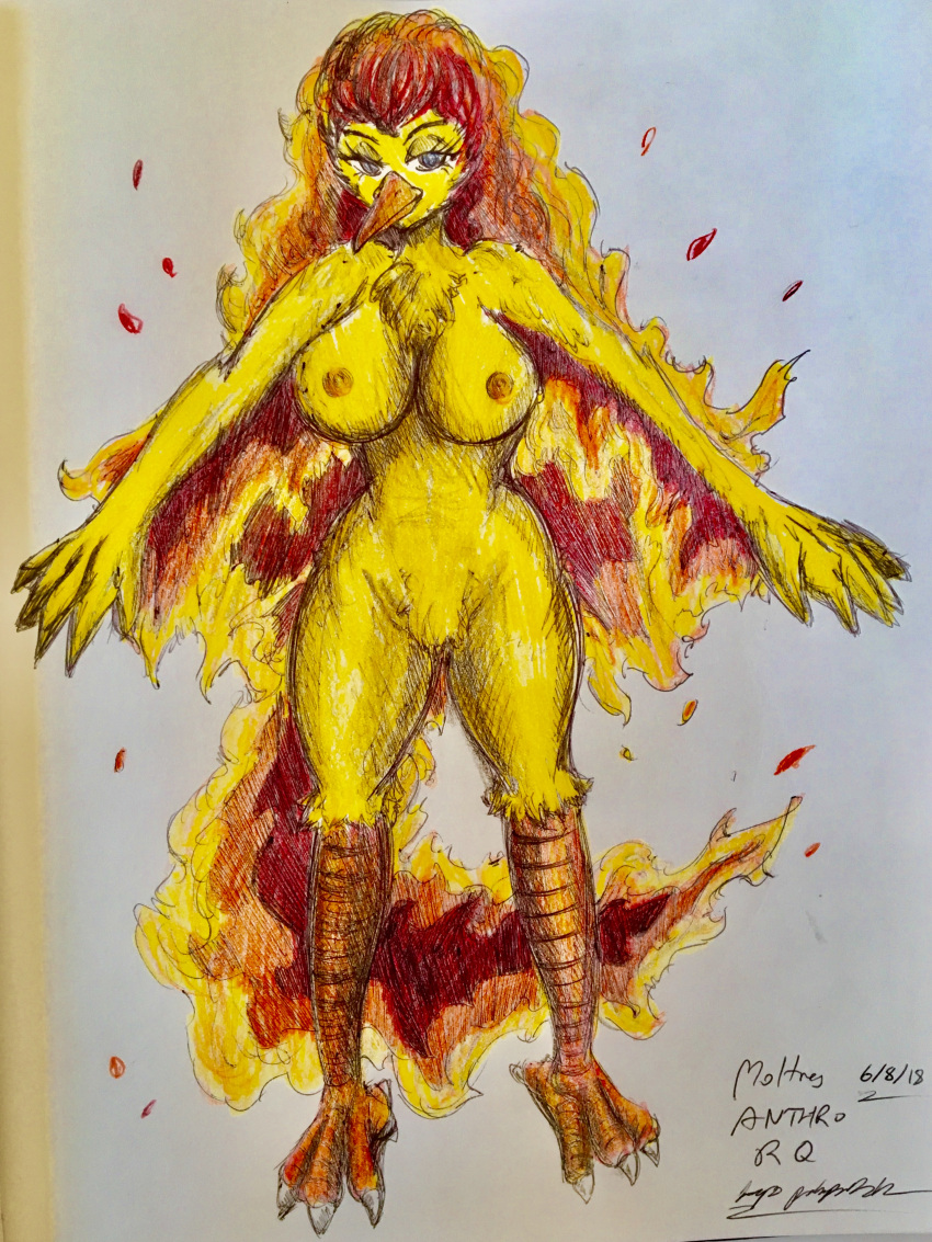 3_toes 5_fingers anthro avian beak bird breasts eyelashes female fingers fire flame half-closed_eyes legendary_pokémon looking_at_viewer moltres nintendo nipples nude pikapika212 pokémon_(species) pokemon smile solo toe_claws tuft video_games wide_hips yellow_body