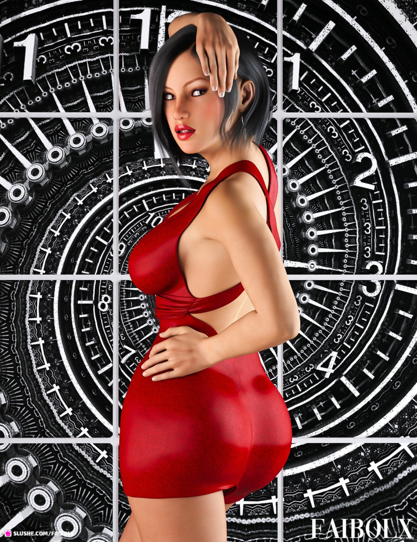 1girls 3d arm_up clothed clothing dress earrings faibolx female female_only hand_on_hip large_breasts lipstick looking_at_viewer martina_(faibolx) one_arm_up original original_character red_dress short_hair slushe_(website) solo solo_female standing