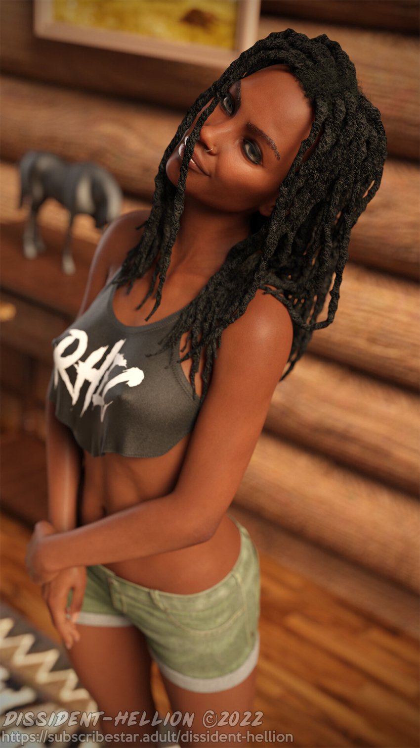 1girls 3d african african_female black black_female black_women clothed clothing dark-skinned_female dark_skin depth_of_field dissidenthellion female female_only jean_shorts kim_(dissidenthellion) medium_breasts metalhead nose_ring original original_character pinup slushe_(website) solo solo_female standing