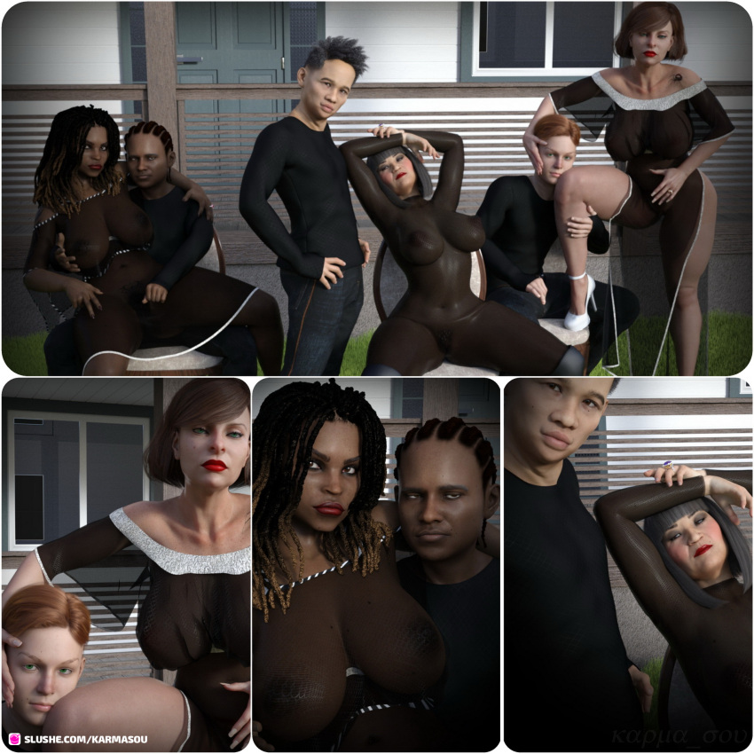 3boys 3d 3girls age_difference dark-skinned_female dark-skinned_male dark_skin group huge_breasts karmasou large_breasts older_female pubic_hair seated see-through see-through_clothing sitting slushe_(website) standing younger_male