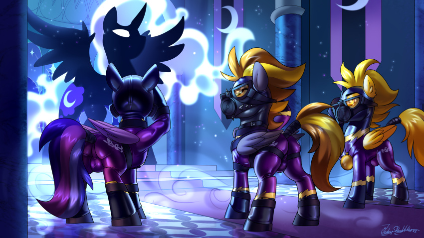 absurd_res alicorn blaze_(l4m3ness) blonde_hair bulge clothing dream_searcher_(jortyguy) equid equine eyewear friendship_is_magic gas_mask goggles hair hasbro hi_res horn jedayskayvoker latex latex_mask mammal mask medallion my_little_pony nightmare_moon_(mlp) pegasus shadowbolts_(mlp) shadowbolts_uniform silhouette skinsuit starshinebomber tail_wraps tight_clothing wings wraps