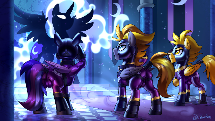 absurd_res alicorn blaze_(l4m3ness) blonde_hair bulge clothing dream_searcher_(jortyguy) equid equine friendship_is_magic hair hasbro hi_res horn jedayskayvoker latex latex_mask mammal mask medallion my_little_pony nightmare_moon_(mlp) pegasus shadowbolts_(mlp) shadowbolts_uniform silhouette skinsuit starshinebomber tail_wraps tight_clothing wings wraps