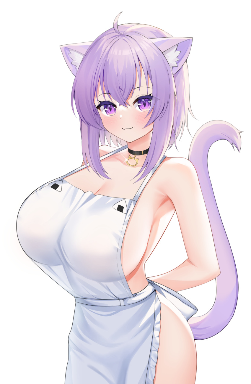 1girls 2021 ahoge animal_ear_fluff animal_ears apron apron_only bangs black_choker blush breasts cat_ears cat_girl cat_tail choker closed_mouth commentary_request cowboy_shot eyebrows_visible_through_hair eyes_visible_through_hair female female_focus female_only highres hololive hololive_gamers hololive_japan large_breasts long_hair looking_at_viewer naked_apron neko_lu nekomata_okayu purple_eyes purple_hair sideboob smile solo solo_female standing tail tail_raised virtual_youtuber white_apron