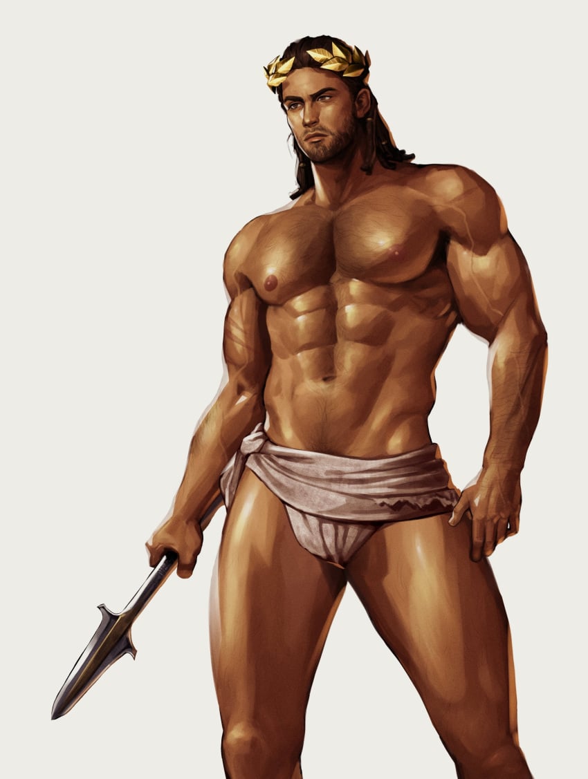 1boy abs alexios areyoucracked assassin's_creed_(series) assassin's_creed_odyssey bara bara_tiddies bara_tits beard big_pecs body_hair chest_hair facial_hair finvar greek hairy hairy_arms hairy_chest hairy_male holding_object holding_weapon human human_only long_hair long_hair_male male male_focus male_only manly mature mature_male muscles muscular muscular_male pecs pectorals pink_nipples pubic_hair six_pack solo solo_focus solo_male spear standing toned toned_body toned_male underwear underwear_only veiny_muscles white_background