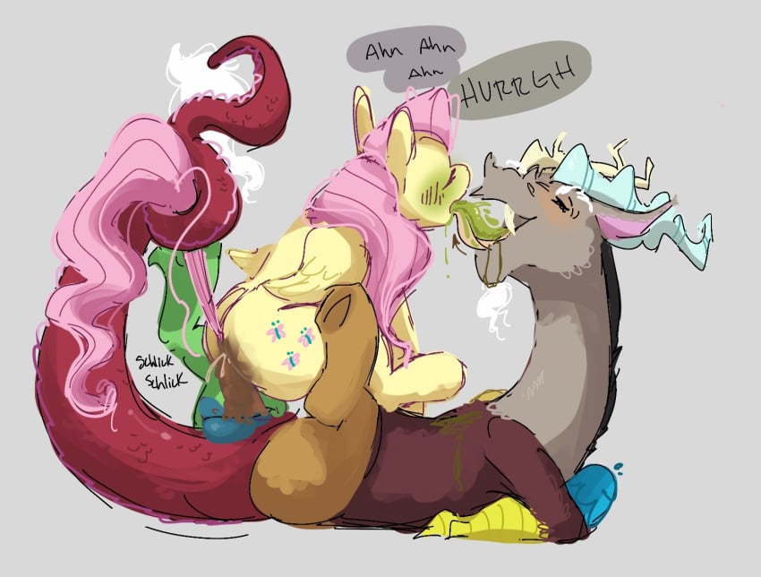 anal anal_sex anthro anthro_on_feral antlers ass beard blush bodily_fluids brown_body chimera closed_eyes cutcoriander cute_fang cutie_mark dirty_anal discord_(mlp) draconequus duo emetophilia equid equine eyebrows facial_hair feces female feral fluttershy_(mlp) friendship_is_magic hair hasbro horn male male/female mammal my_little_pony pegasus penetration pink_hair pink_tail red_body scat sex tail_grab vomit wings yellow_body zoophilia