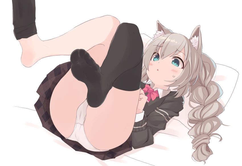 animal_ear_fluff animal_ears aqua_eyes bangs blush bow bowtie braid cameltoe cat_ears chestnut_mouth collared_shirt commentary_request commission cute eyebrows_visible_through_hair feet female foot_fetish foot_focus gingham gingham_skirt greek_toe grey_sweater hair_between_eyes highres kahlua_(artist) knees_together_feet_apart layered_sleeves legs legs_up long_hair long_sleeves lying miniskirt on_back open_mouth original panties pillow pleated_skirt red_bow red_bowtie school_uniform shirt silver_hair skeb_commission skirt soles solo sweatdrop sweater thighhighs thighhighs_pull thighs toes twin_braids underwear white_background white_shirt wing_collar