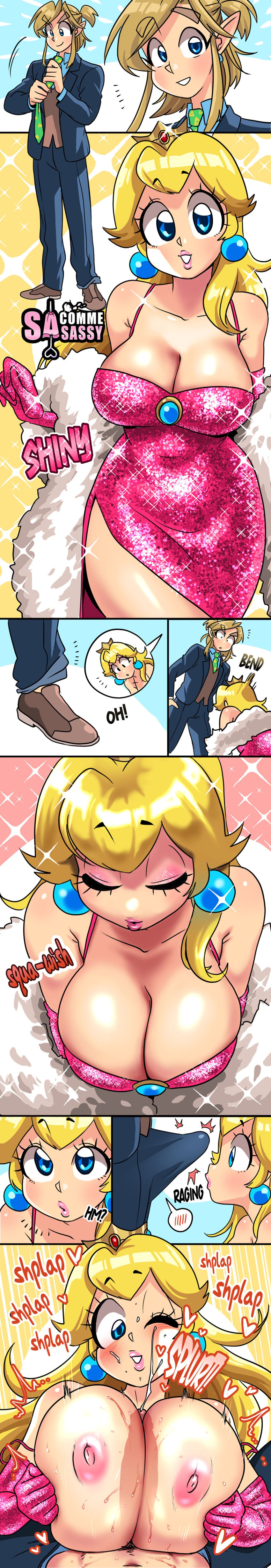 1boy 1girls arm_gloves blonde_hair blue_eyes breasts breath_of_the_wild cleavage comic couple crossover crown dress earrings erection erection_under_clothes eyeshadow formal huge_breasts large_penis link link_(breath_of_the_wild) lipstick makeup mario_(series) nintendo nipples off_shoulder paizuri penis pink_dress princess_peach sasatseng sequin_dress super_mario_all-stars the_legend_of_zelda