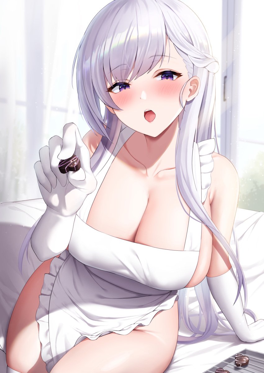 1girls 2022 :o apron azur_lane bangs belfast_(azur_lane) blush breasts candy chocolate cleavage collarbone commentary elbow_gloves eyebrows_visible_through_hair feeding female female_focus female_only food futon_fly_away gloves heart heart-shaped_chocolate highres large_breasts light-skinned_female light_skin long_hair looking_at_viewer naked_apron open_mouth purple_eyes sideboob silver_hair sitting solo thighs valentine white_apron white_gloves