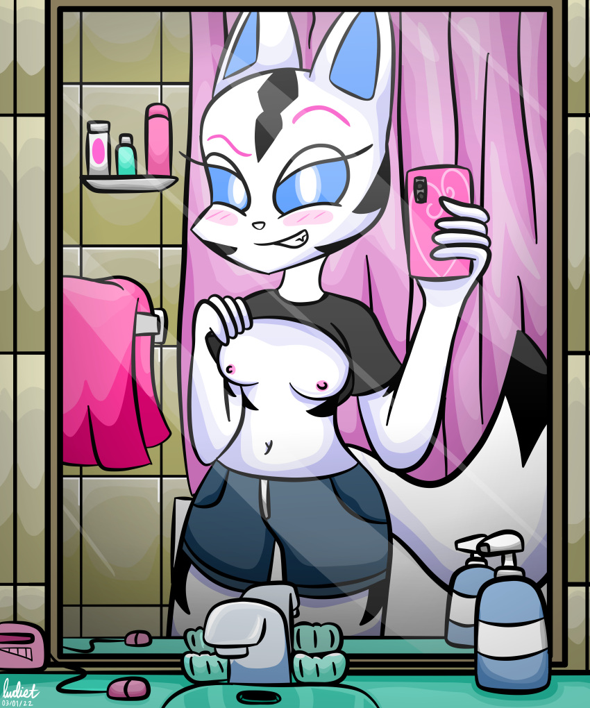 absurd_res anthro bathroom bathtub black_clothing black_shirt black_topwear canid canine catalyst_(fortnite) clothing exposed_chest female flashing flashing_breasts fortnite fox fox_tail fur fur_markings hi_res lwdist_nightmare mammal markings mimikiwi102 mirror mirror_selfie phone selfie sex_toy shirt short_jeans shower smug soap striped_markings stripes topwear towel vibrator white_body white_fur