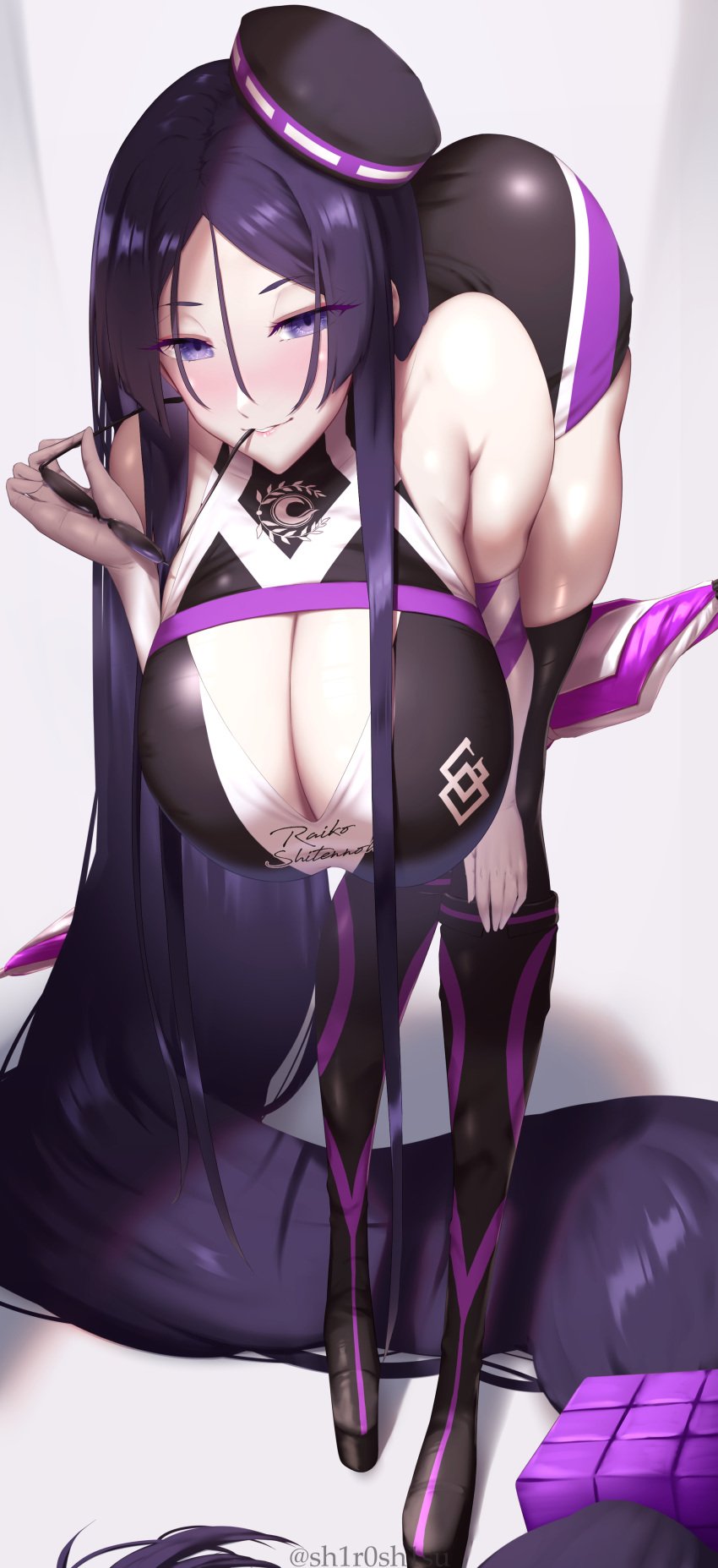 1girls 2022 ass bending_over bent_over black_clothing blush breasts cleavage clothed clothed_female eyewear_removed fate/grand_order fate_(series) female female_only hair_ornament hanging_breasts hat hi_res holding_object huge_breasts large_ass long_hair long_legs looking_at_viewer massive_breasts mature_female milf minamoto_no_raikou_(fate/grand_order) pale-skinned_female pale_skin purple_eyes purple_hair race_queen shiroshisu simple_background smile sunglasses sunglasses_in_mouth sunglasses_removed thick_thighs thigh_boots thighs very_high_resolution very_long_hair