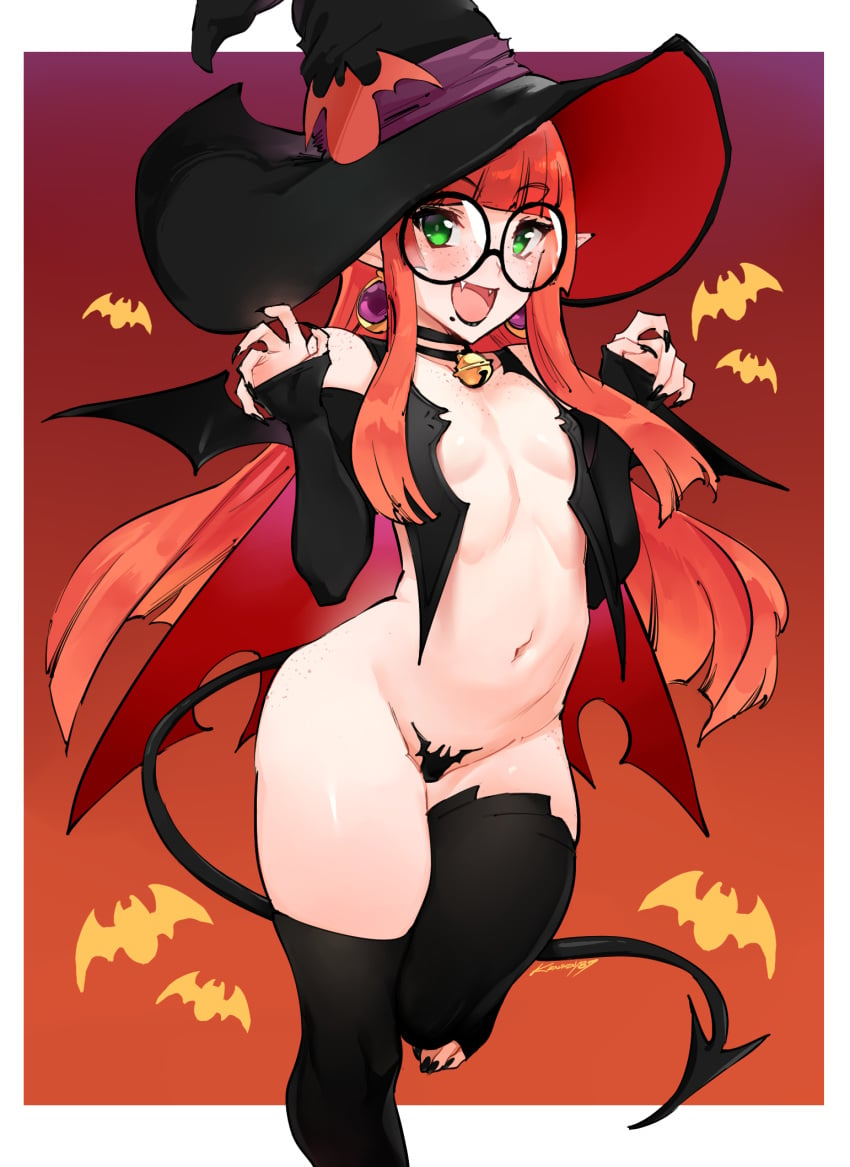 1girls bat_wings black_gloves black_nails black_thighhighs cute demon_tail elf elf_ears elf_female feet female female_only flat_chest freckles freckles_on_face freckles_on_shoulders glasses green_eyes halloween kenshin187 kiara_(kenshin187) long_hair open_mouth orange_hair original_character pointy_ears slq smile solo solo_female thick_thighs thighhighs thighs wide_hips wings witch witch_hat