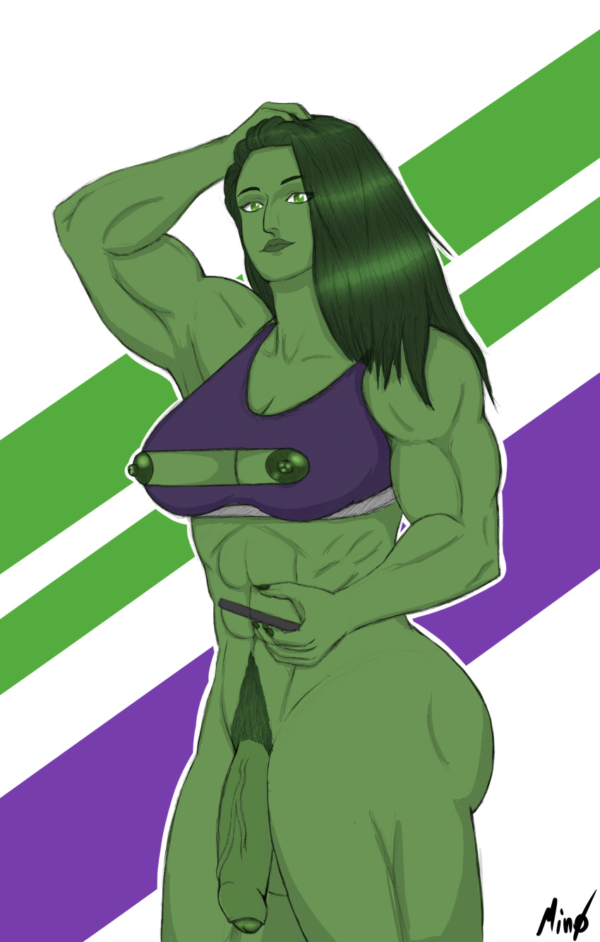 1futa abs absurd_res artist_name big_breasts big_penis bottomless breasts clothing dickgirl exposed_nipples flaccid flaccid_penis foreskin futa_only futa_pubic_hair futanari green_body green_eyes green_hair green_nipples green_penis green_skin half-erect happy_trail hulk_(series) large_penis marvel marvel_comics min0 mostly_nude muscles muscular muscular_futanari muscular_thighs nipple_cutout nipples penis pubic_hair self_upload semi-erect she-hulk simple_background solo sports_bra standing thick_thighs treasure_trail uncircumcised uncut veiny_penis