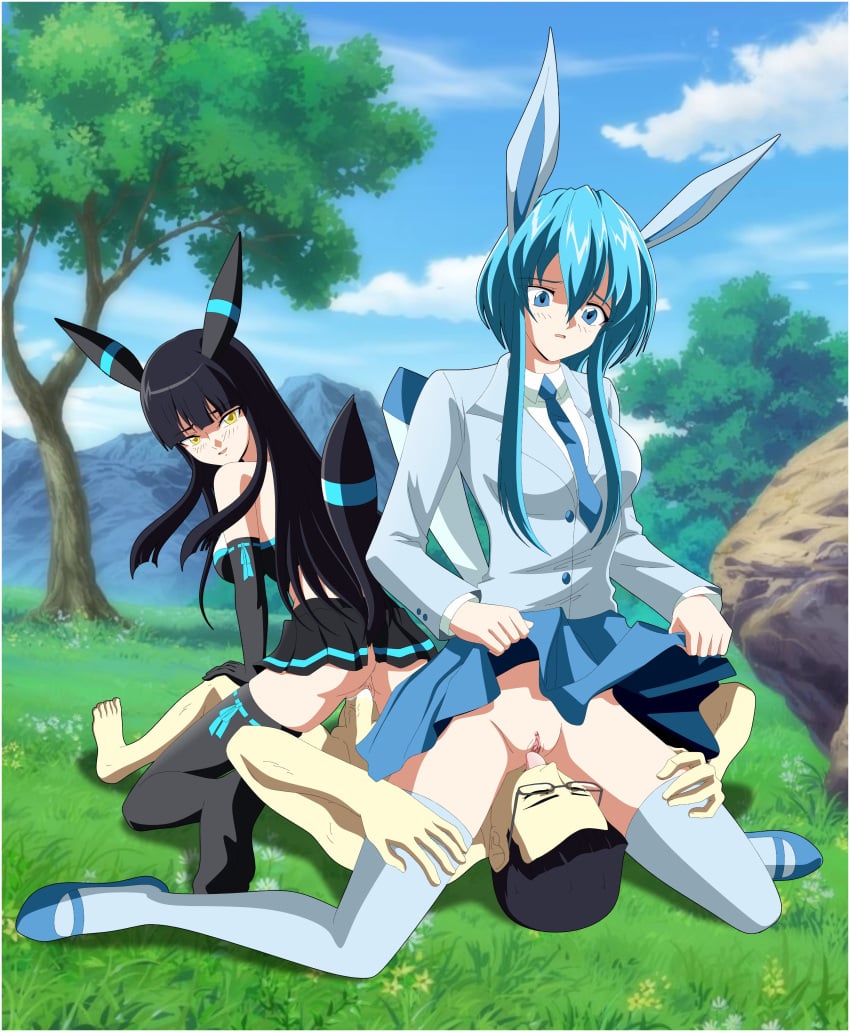 1boy 2girls 3some absurdres alternate_color animal_ears ass bangs bare_shoulders black_gloves black_hair black_legwear blue_eyes blue_hair blue_legwear blunt_bangs blush breasts claudius clothed_female_nude_male cunnilingus elbow_gloves female ffm_threesome glaceon glasses gloves group_sex hand_on_knee highres humanized kneeling leg_grab licking long_hair lying male mary_janes miniskirt multiple_girls multiple_views nature necktie on_back oral original_character outdoors penis personification pokémon_(species) pokemon pussy reverse_spitroast ribbon-trimmed_gloves ribbon-trimmed_legwear school_uniform shiny_pokemon short_hair short_hair_with_long_locks sidelocks sitting sitting_on_person skirt skirt_lift straight tail thighhighs threesome tongue_out umbreon vaginal_penetration very_long_hair yellow_eyes