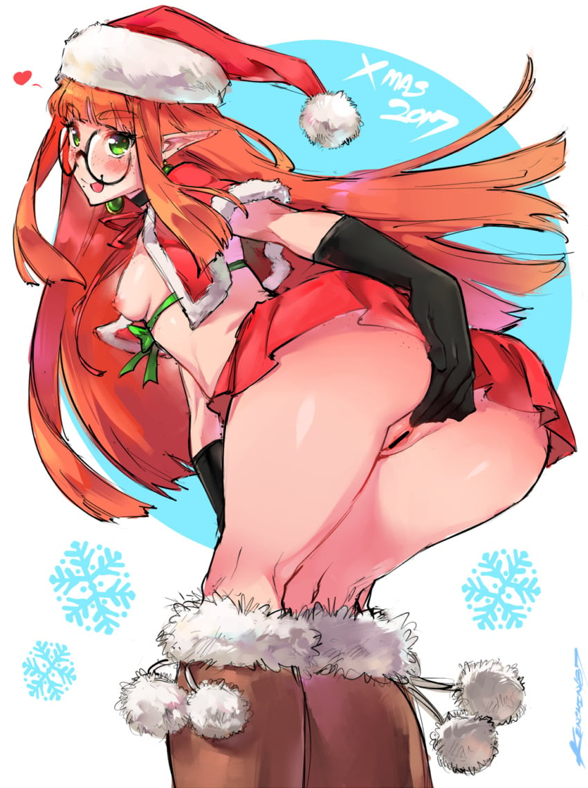 1girls ass bar_censor black_gloves blush breasts censored christmas cute elf female female_only freckles freckles_on_ass freckles_on_face glasses green_eyes heart holidays kenshin187 kiara_(kenshin187) long_hair nipples no_panties no_panties_under_skirt nopan orange_hair original_character pussy santa_costume santa_hat slq small_breasts solo solo_female thick_thighs thighs tongue_out