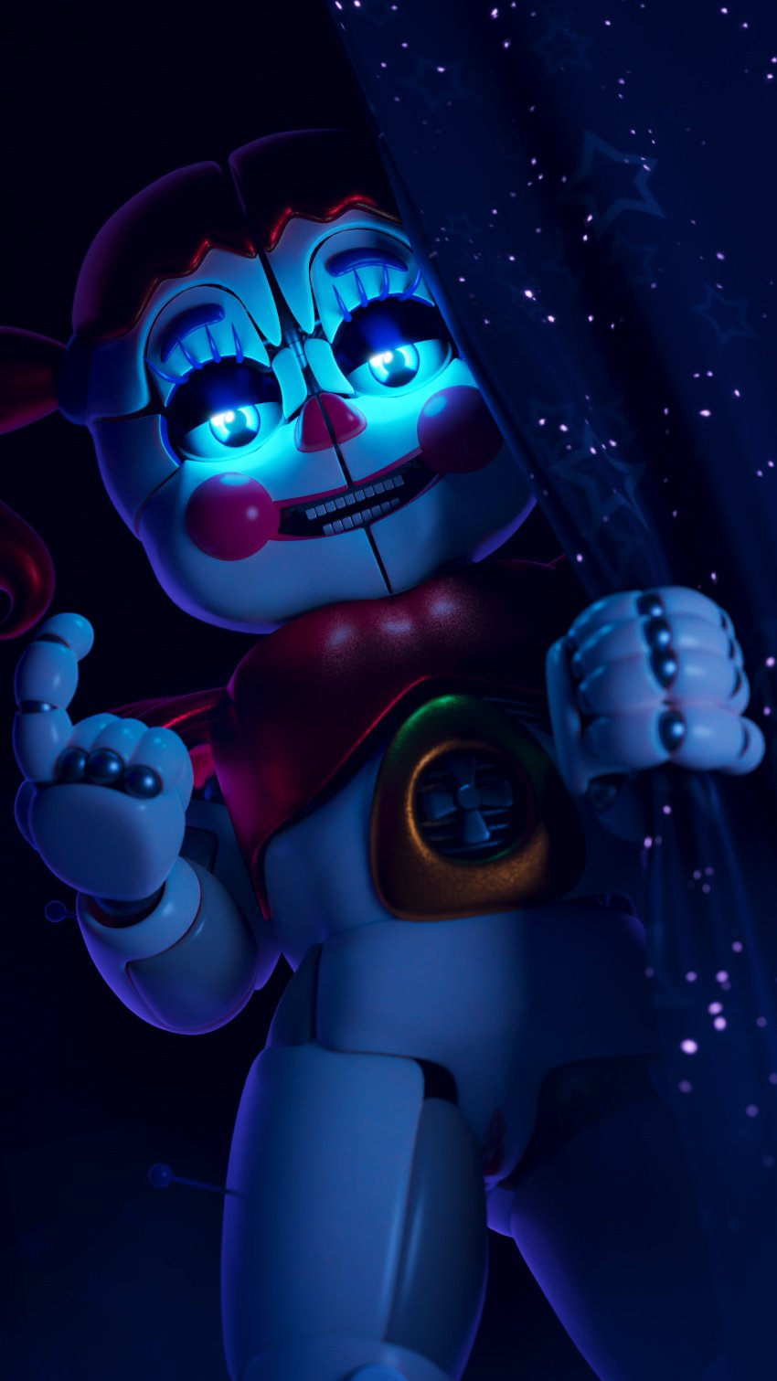 3d absurd_res ashleyorange baby_(fnafsl) blue_eyes bottomless canon_appearance circus_baby circus_baby_(fnaf) circus_baby_(original) clothed clothing clown clown_girl clown_makeup clown_nose curtains curtains_open female five_nights_at_freddy's full_color hair hi_res human humanoid machine mammal no_penetration red_clothing red_hair red_topwear robot robot_humanoid scottgames sister_location solo solo_female topwear twintails video_games white_body