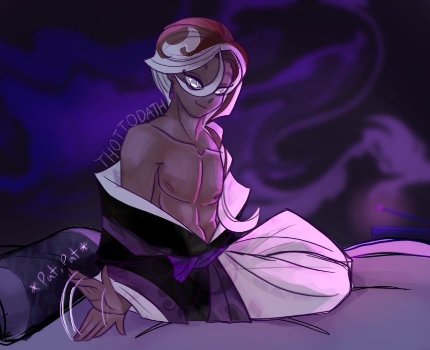 1boy affogato_cookie brown_hair cookie_run cookie_run_kingdom dark-skinned_femboy dark-skinned_male dark_hair dark_skin femboy half-dressed incense inviting looking_at_viewer nipples on_bed pov purple_clothing smiling_at_viewer smoke thottodath two_tone_hair white_eyes white_hair