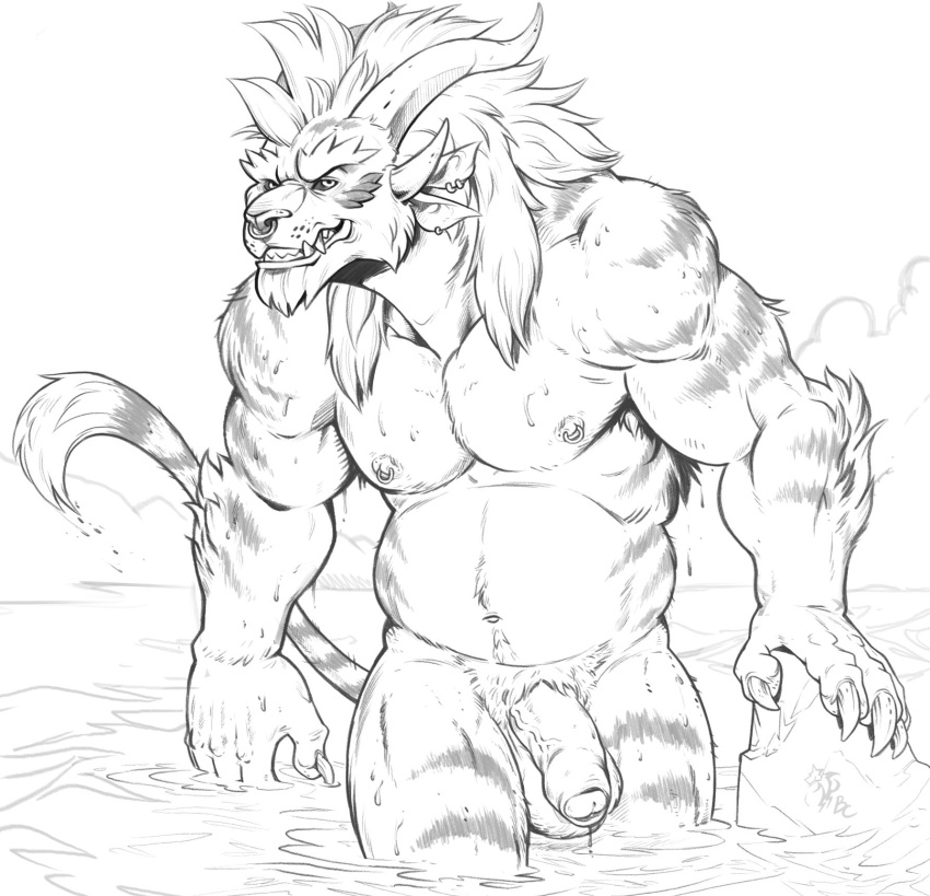 1boy anthro badcoyote balls bathing biceps black_and_white body_hair charr claws crotch_tuft ear_piercing eyebrows facial_piercing felid flaccid foreskin fur genitals grin guild_wars happy_trail hi_res horn humanoid_genitalia humanoid_penis looking_at_viewer male male_only mammal mane monochrome multi_horn muscular muscular_anthro muscular_male navel nipple_piercing nipples nose_piercing nose_ring nude partially_submerged penis piercing pubes signature skinny_dipping slightly_chubby smile solo striped_body striped_fur stripes teeth thick_eyebrows tuft vein veiny_penis video_games walking water wet wet_body wet_fur