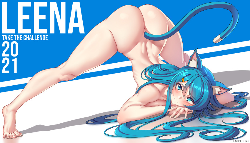 1girls absurdres animal_ears ass ass_focus ass_up back barefoot blue_eyes blue_hair blush breasts cat_ears cat_tail catgirl completely_nude_female danfer3 embarrassed face_down_ass_up female frown hair_ornament hairclip highres jack-o_pose large_breasts leena_(danfer3) light-skinned_female long_hair looking_at_viewer original pale-skinned_female solo spread_legs tail toned_arms toned_back toned_body toned_female toned_stomach top-down_bottom-up very_long_hair wavy_mouth white_skin