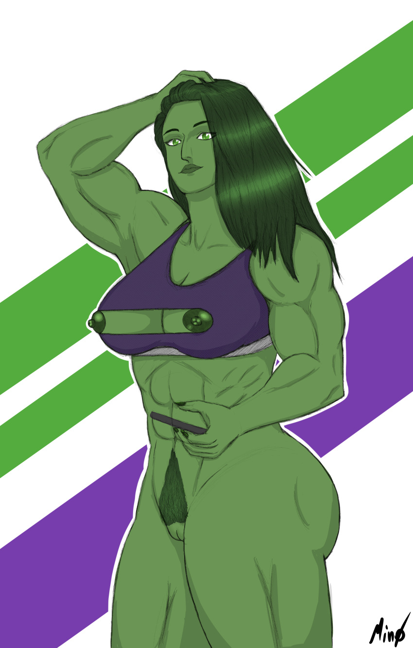 1girls abs absurd_res alternate_version_available artist_name big_breasts bottomless breasts clothing exposed_nipples female female_only green_body green_eyes green_hair green_nipples green_skin happy_trail hulk_(series) large_penis marvel marvel_comics min0 mostly_nude muscles muscular muscular_female muscular_thighs nipple_cutout nipples pubic_hair pussy self_upload she-hulk simple_background solo sports_bra standing thick_thighs treasure_trail uncircumcised uncut