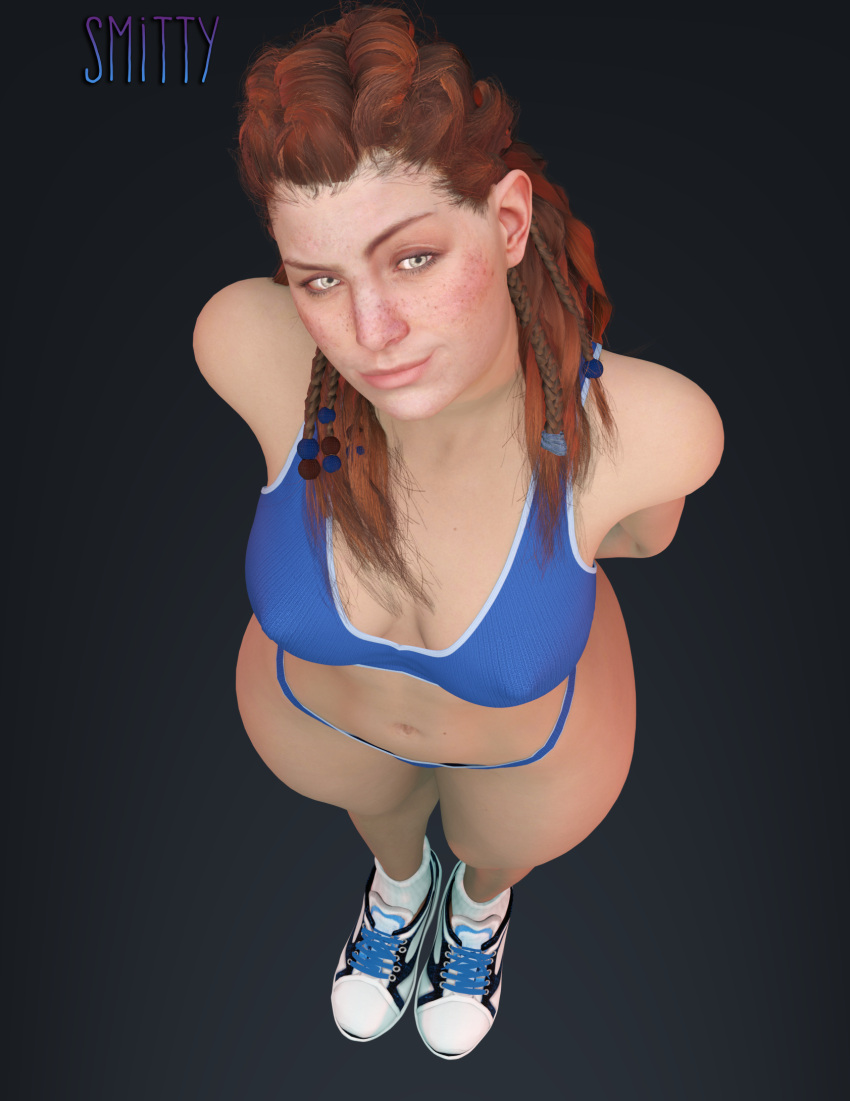 3d 3d_(artwork) aloy alternate_ass_size alternate_body_type alternate_breast_size big_hips blender female female_focus female_only freckles grey_eyes hands_behind_back hips horizon_zero_dawn light-skinned_female light_skin looking_at_viewer nipple_bulge nipples_visible_through_clothing panties plain_background red_hair redhead smirking smitty34 sneakers sports_bra sportswear top_down_view wide_hips