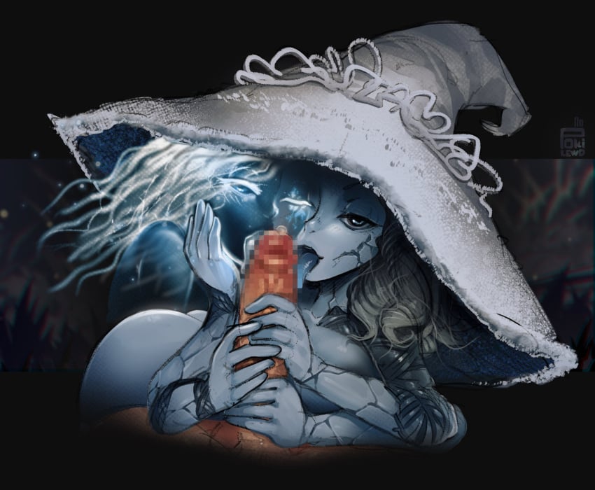 1boy 4_arms blue_eyes blue_hair blue_skin blue_tongue censored colored_skin colored_tongue cracked_skin elden_ring fellatio female fromsoftware grey_hair grey_skin hat highres licking licking_penis mosaic_censoring multi_arm multi_face multi_limb oral penis pokilewd ranni_the_witch tongue witch_hat