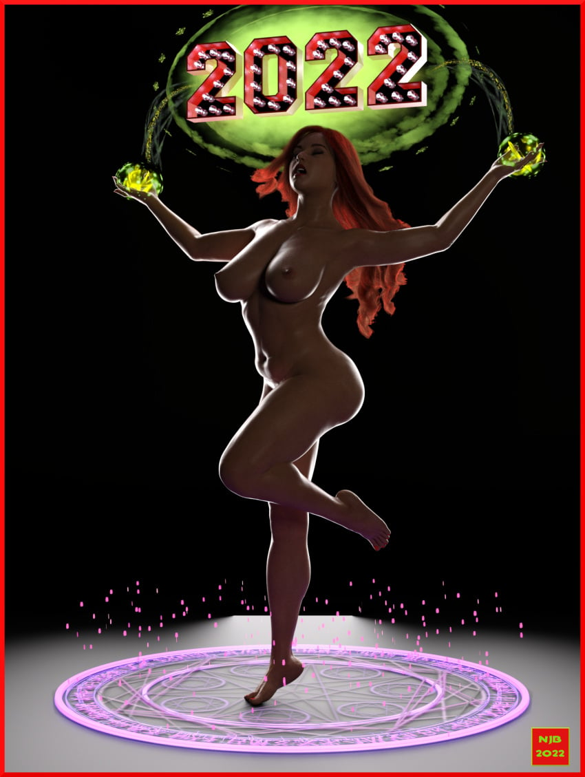 1girls 3d closed_eyes closed_eyes dancer dancing glyph large_breasts long_hair magic naked nathanomir new_year nude nude_female original original_character red_hair voluptuous