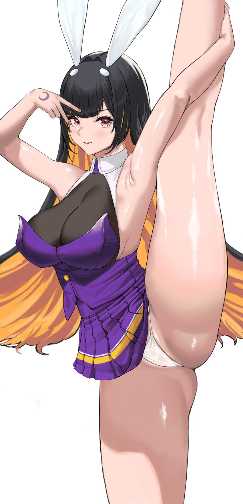 1girls absurdres animal_ears ass bangs black_hair black_shirt blush breasts colored_inner_hair eyebrows_visible_through_hair female hair_intakes halterneck harebunny heart heart-shaped_pupils highres kneepits large_breasts last_origin leg_lift leg_up light-skinned_female light_skin long_hair looking_at_viewer magical_baekto_(last_origin) micro_panties multicolored_hair orange_hair panties parted_lips purple_skirt rabbit_ears red_eyes see-through shirt simple_background skirt skirt_set sleeveless sleeveless_shirt smile solo split standing standing_on_one_leg standing_split string_panties symbol-shaped_pupils thighs thong two-tone_hair underwear v_over_eye very_long_hair white_background white_panties