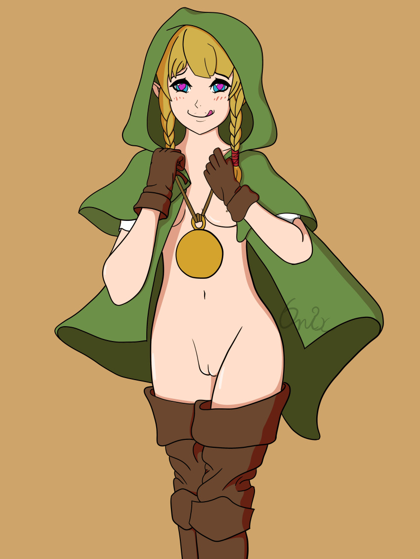 blonde_hair blue_eyes clothing exposed_torso female footwear functionally_nude handwear heart-shaped_pupils humanoid hylian hyrule_warriors legwear licking_lips linkle neckwear onix_hentai outerwear pale-skinned_female pale_skin pointy_ears solo swimwear the_legend_of_zelda