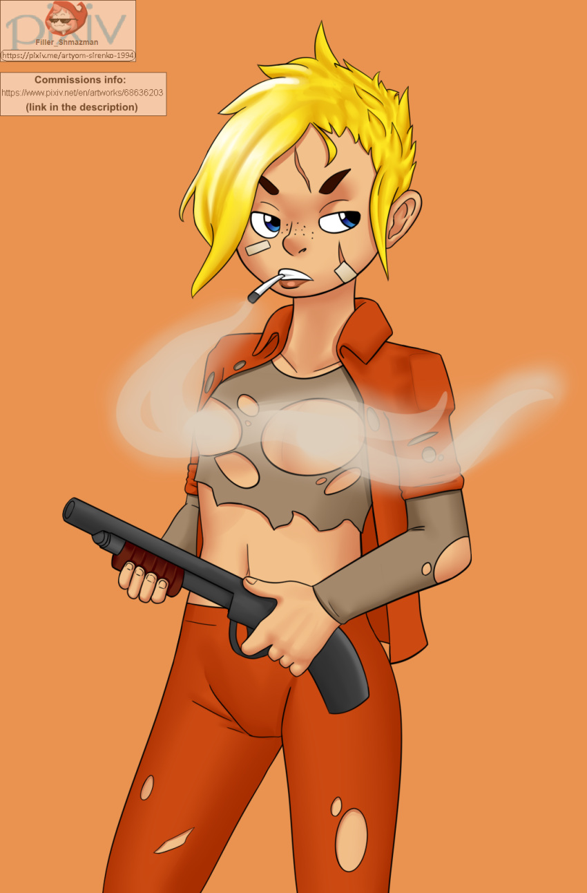 belly_button blonde_hair blue_eyes cigarette cigarette_in_mouth cigarette_smoke enter_the_gungeon female filler_shmazman freckles holding_gun orange_pants orange_shirt pants ripped_clothing ripped_pants ripped_shirt scar shirt shotgun smoke tagme the_convict_(enter_the_gungeon)