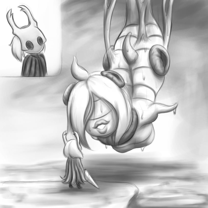 ambiguous_penetration female female/ambiguous female_focus flukemarm flukes_(hollow_knight) hanging hanging_breasts hollow_knight humanized larger_female lips mask masked milf no_eyes protagonist_(hollow_knight) short_hair shy_ayu size_difference smile tagme vessel_(species) wet wet_skin