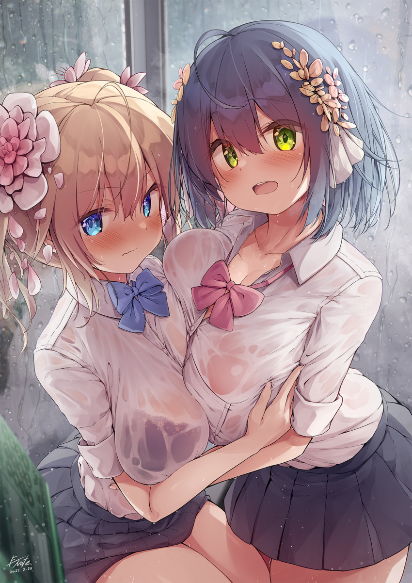 2girls ahoge asymmetrical_docking black_hair blonde_hair blue_bow blue_bowtie blue_eyes blush bow bowtie breast_press breasts closed_mouth commentary_request dated e-note eyebrows_visible_through_hair female flower green_eyes hair_between_eyes hair_flower hair_ornament highres large_breasts looking_at_viewer multiple_girls open_mouth original pink_bow pink_bowtie pleated_skirt rain school_uniform shirt short_hair short_sleeves signature skirt thighs twintails wet wet_clothes wet_shirt